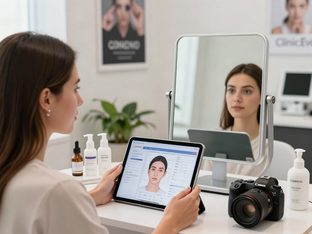 ClinicEvo better than QOVES, showcasing advanced facial analysis with technology and skincare products in a bright beauty studio.