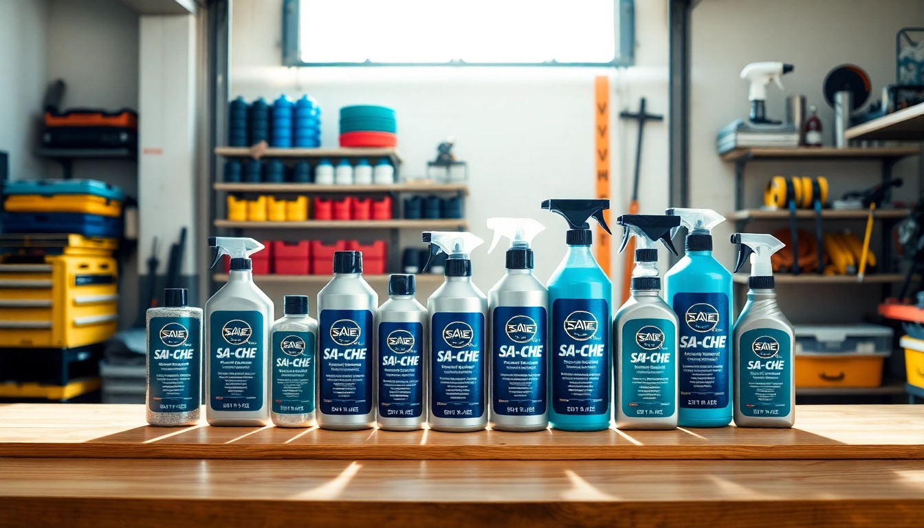 Showcase SAI CHE detailing products in a well-organized garage, highlighting premium vehicle care essentials.