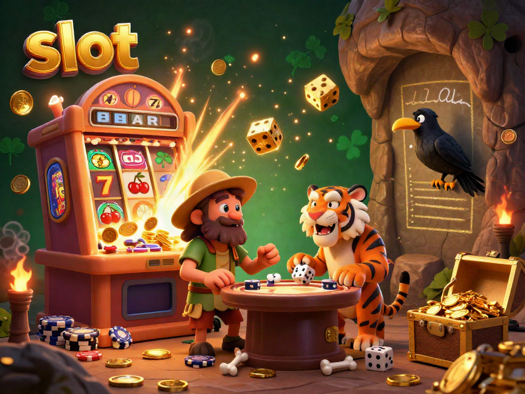 Permainan slot yang menarik dengan pemandangan kasino prasejarah penuh dengan koin emas dan simbol keberuntungan.