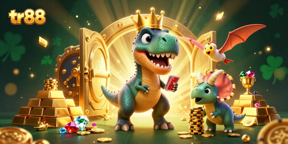 tr88 casino scene with a T-Rex, pterodactyl, and triceratops playing cards and stacking chips