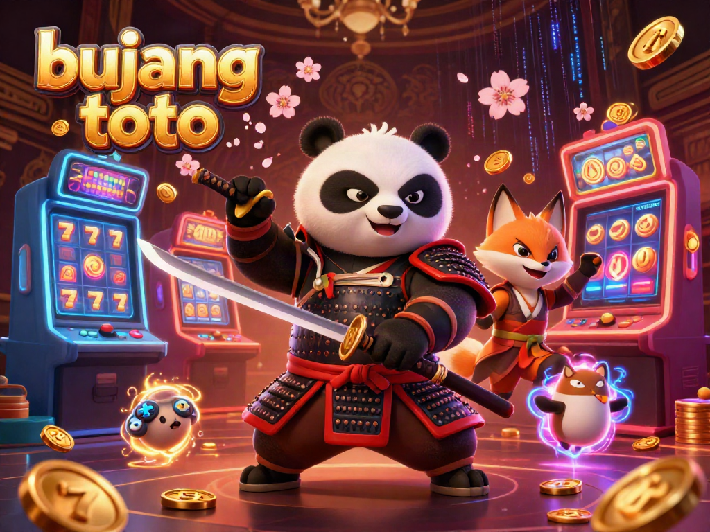 Bujang toto brings excitement with a samurai panda, ninja fox, and tanuki in a vibrant casino scene.