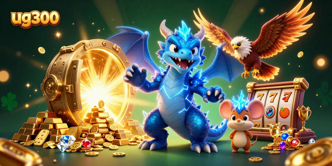 Permainan slot di ug300 dengan karakter naga petir, elang angin, dan mouse guntur yang dinamis.