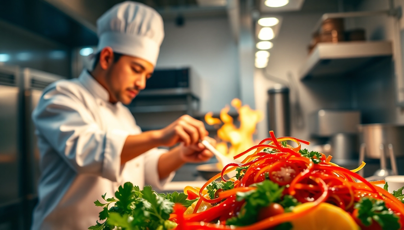 MISTERHOKI chef artfully crafting a gourmet dish in a vibrant restaurant kitchen.