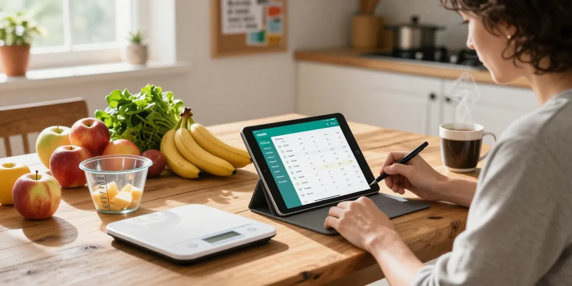 Engaging scene of logging meals on the best calorie tracking app in a sunny kitchen