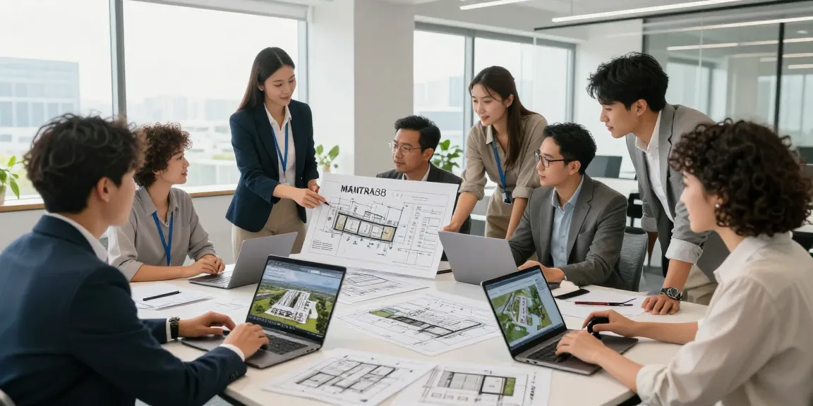 Explore modern commercial property development at www.mgoldproperties.com with professionals collaborating over design and architectural plans.