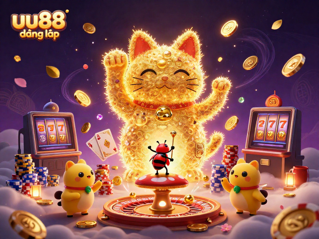 Experience thrilling uu88 đăng nhập with a vibrant 3D illustration of a playful lucky cat amidst casino symbols and effects.