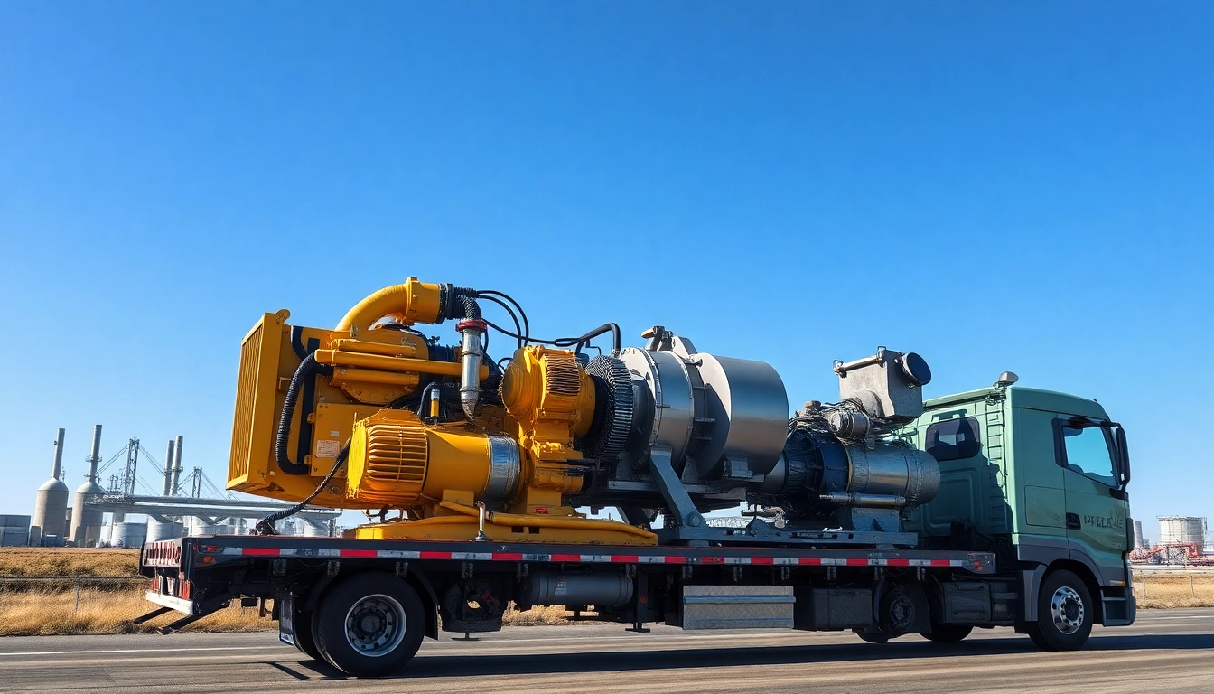 Equipment transportation of heavy machinery on a flatbed truck showcases industrial efficiency.