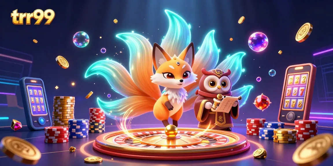 Experience trr99's vibrant casino adventure with a glowing nine-tailed fox and colorful elements.