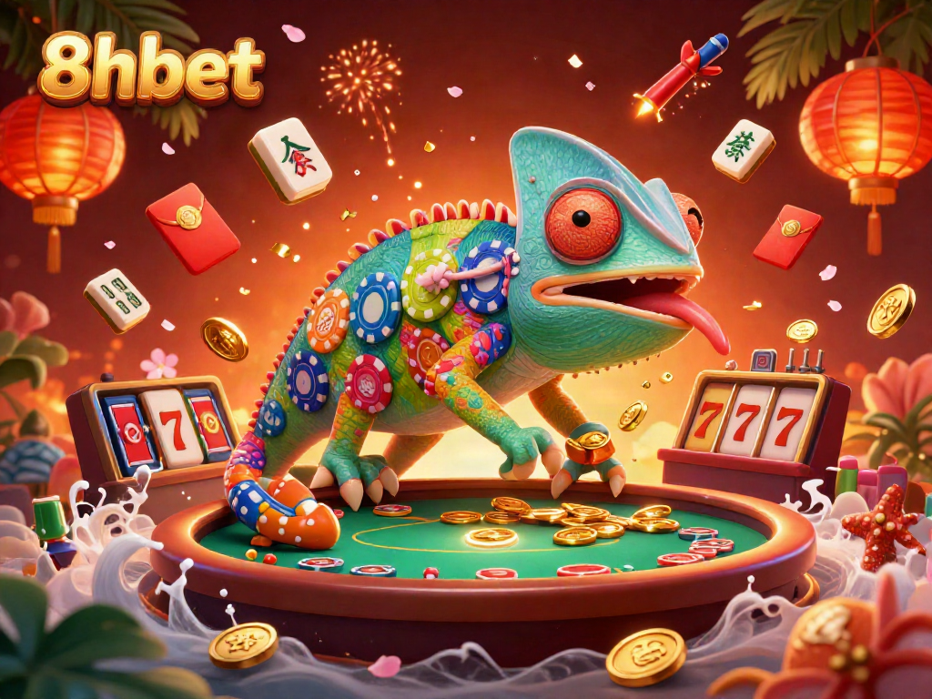 Experience the vibrant atmosphere of 8xbet with a chameleon casino owner, surrounded by colorful gambling elements.
