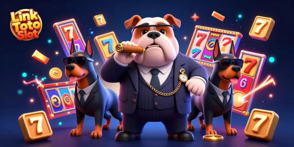 Link Toto Slot menampilkan bulldog mafia yang dikelilingi oleh elemen mesin slot berwarna-warni.