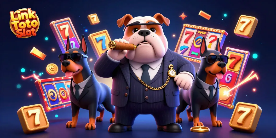 Link Toto Slot menampilkan bulldog mafia yang dikelilingi oleh elemen mesin slot berwarna-warni.