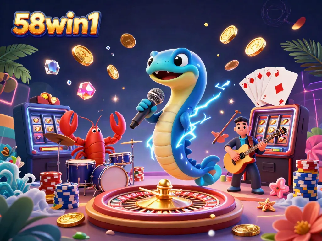 Engage with exciting 58win1 casino experiences showcased by a vibrant underwater casino illustration featuring colorful characters and gambling elements.