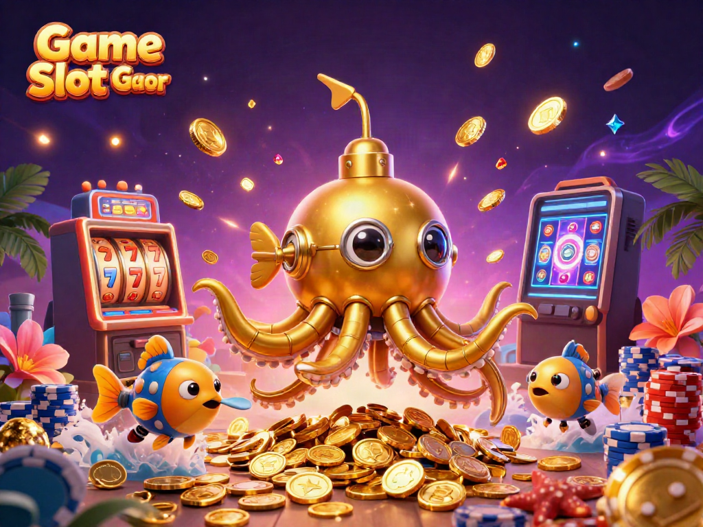 Menangkan permainan Game Slot Gacor dengan ilustrasi kasino 3D yang menampilkan jackpot dan simbol keberuntungan.