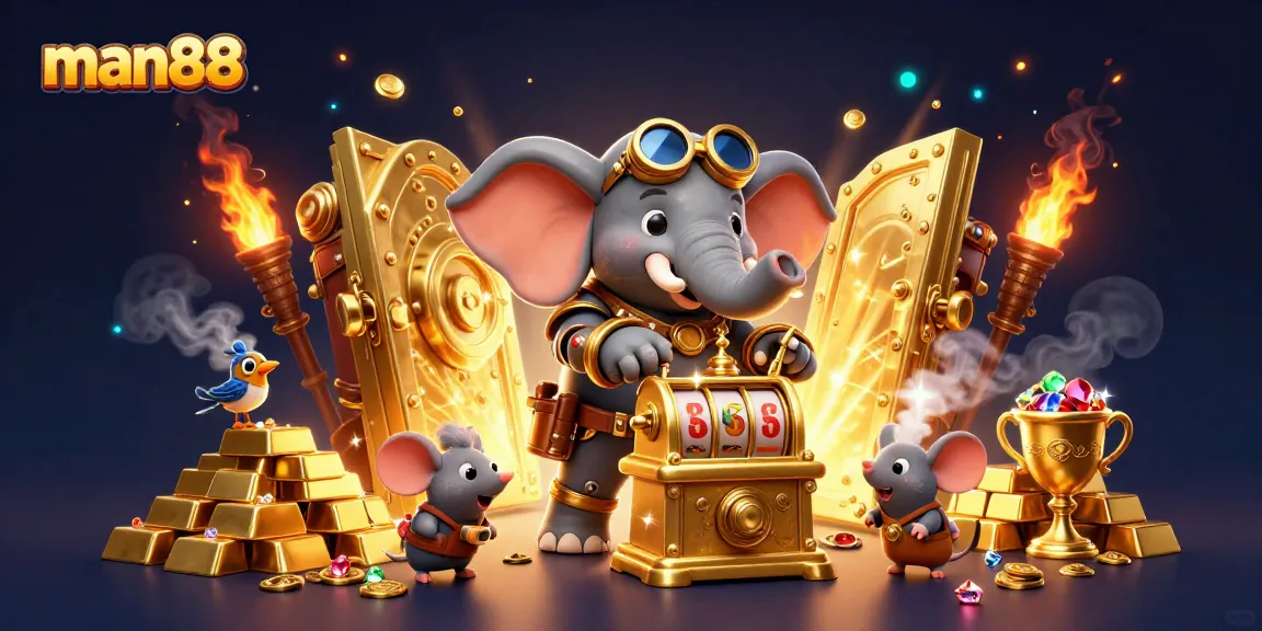 Experience the thrilling gameplay of man88 with a steampunk elephant at a golden slot machine.