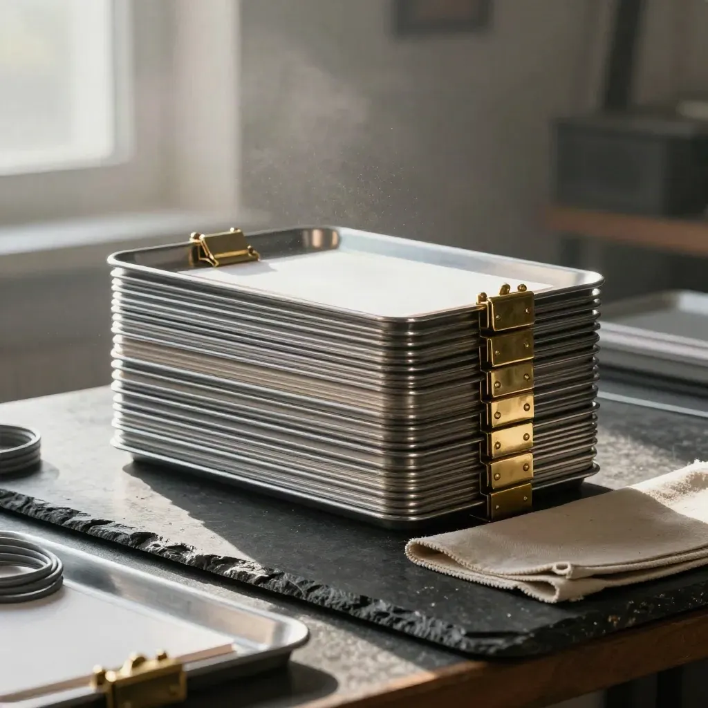 Brushed-steel inbox trays, brass clamps, and blank cards on a slate workbench in dawn mist.