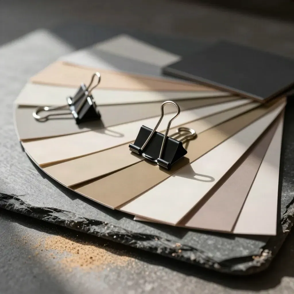 Macro still life of swatch strips, clips, sample board, and hard case on slate.