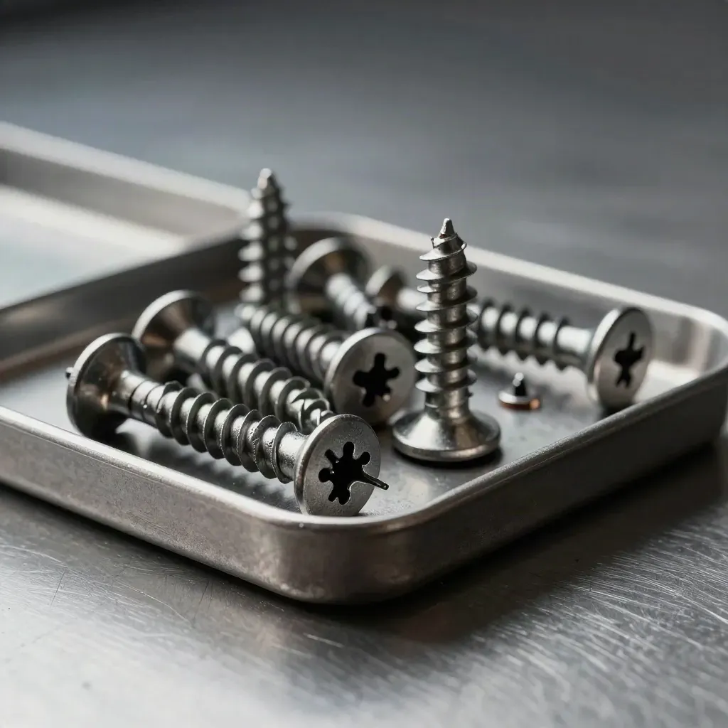 Macro still life of screws, connector shells, standoffs, and an anti-static tray on brushed metal.