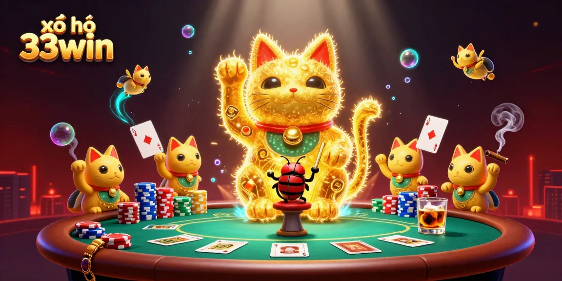 Immerse yourself in the excitement of xổ số 33win with vibrant casino symbols and a golden lucky cat.