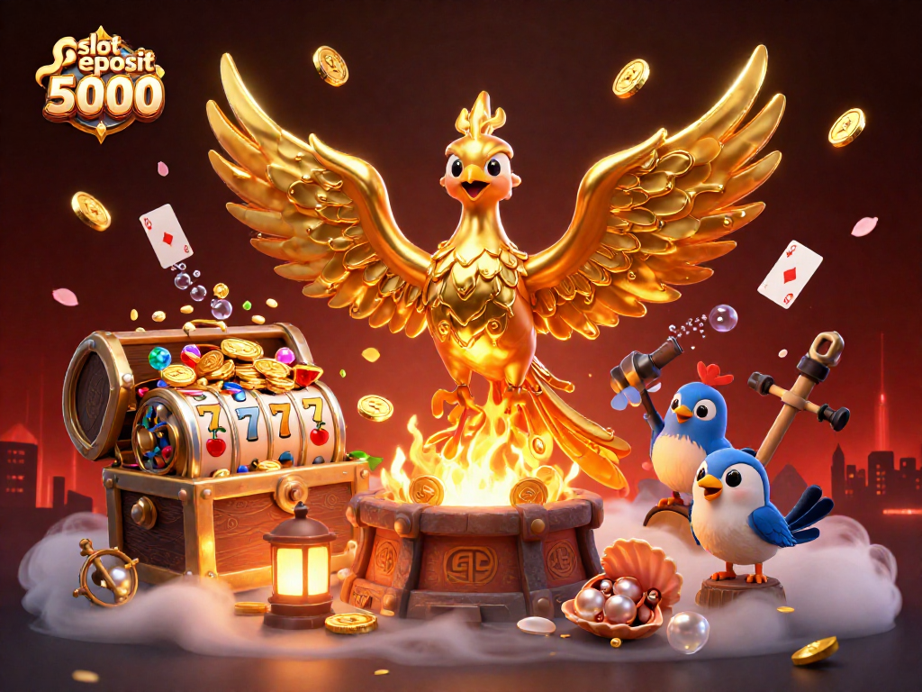 Engage with the thrilling slot deposit 5000 platform, featuring a golden phoenix and vibrant gaming elements.