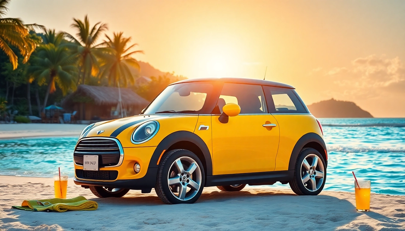 Capture the beauty of a st barths mini cooper rental parked on a serene beach with stunning views.