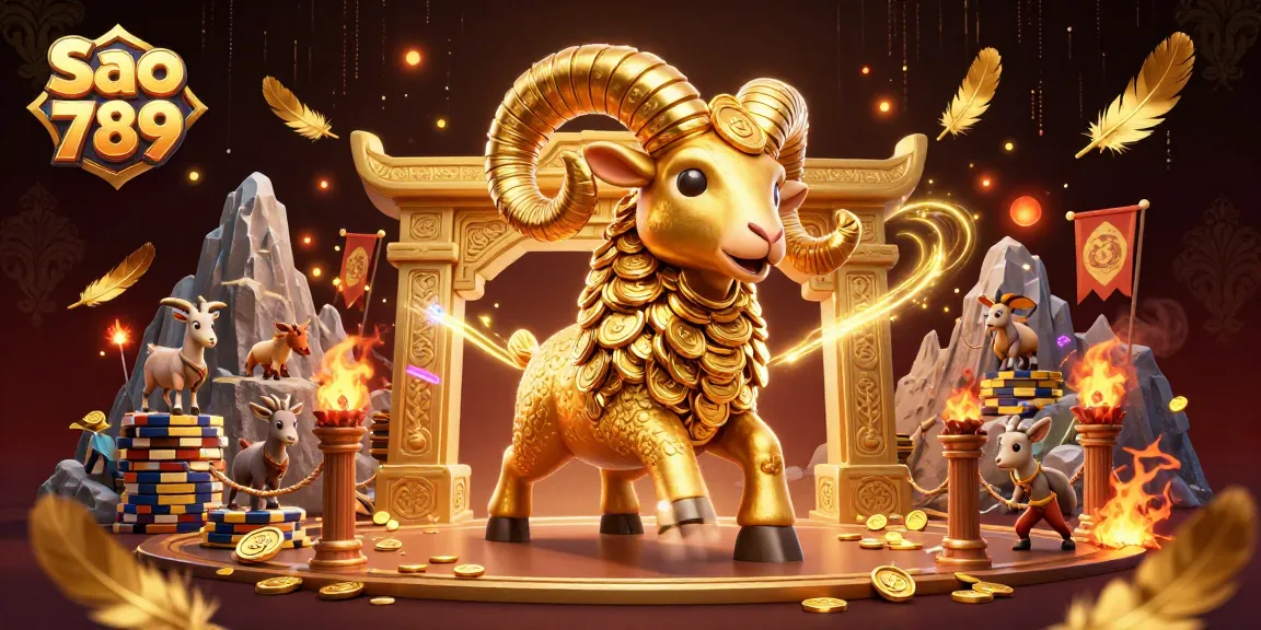 Sao 789 offers thrilling online gaming experiences with a golden ram charging through a stunning casino scene.