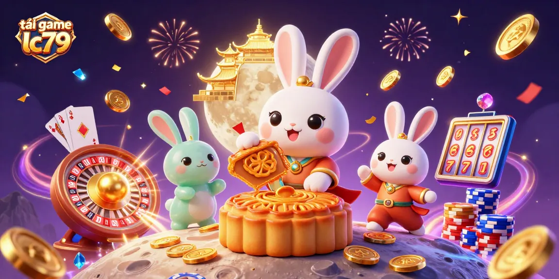 Tải game lc79 với hình ảnh thỏ ngọc và bánh Trung Thu giữa thế giới game slot hấp dẫn.