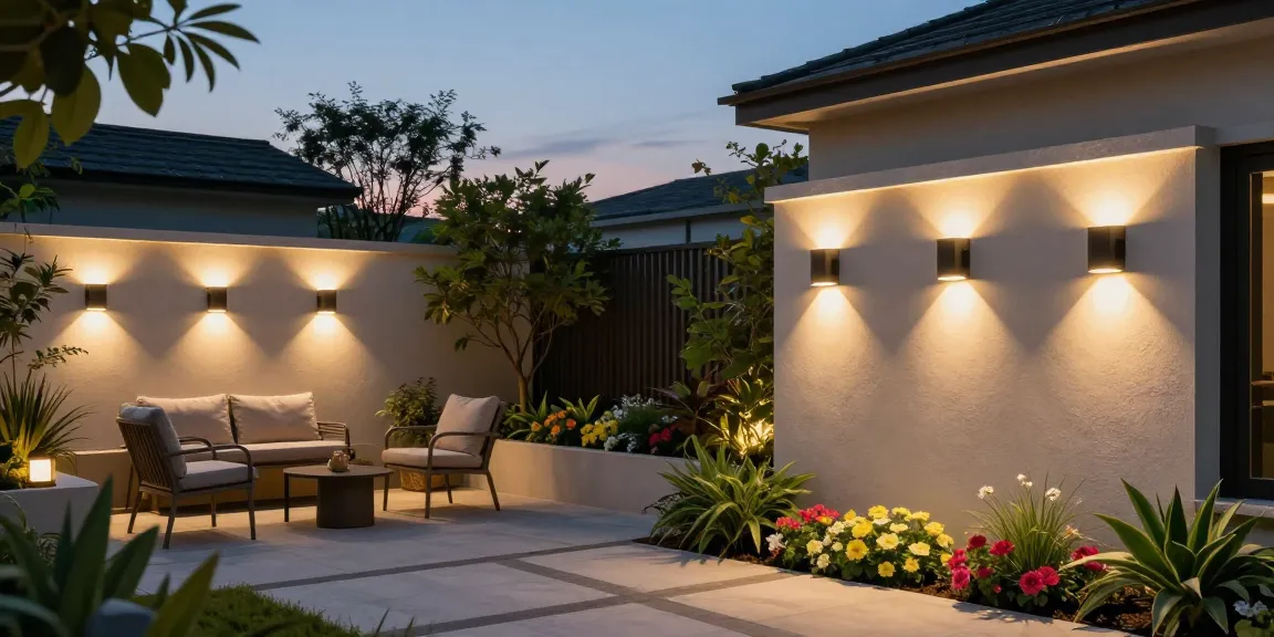 Aplica LED exterior moderne montate pe perete în grădină, iluminând zona cu o lumină caldă.