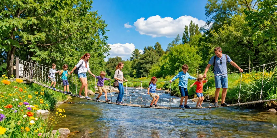 A family crossing a River Rope Bridge over a picturesque river, surrounded by lush greenery and blue skies, showcasing adventure and joy in outdoor exploration.
