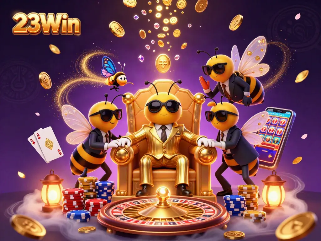 Experience thrilling gameplay at 23Win as a bumblebee mob boss presides over a vibrant casino scene.