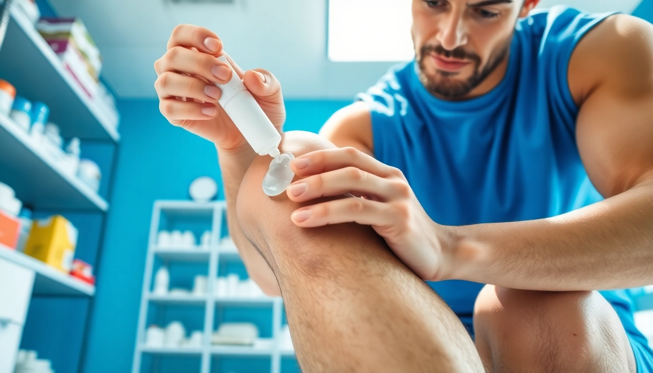 Applying DMSO for joint pain relief on an athlete's knee during recovery.