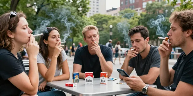 Group of adults chatting in a park with cigarettes, highlighting cheap tobacco and cigarettes online.