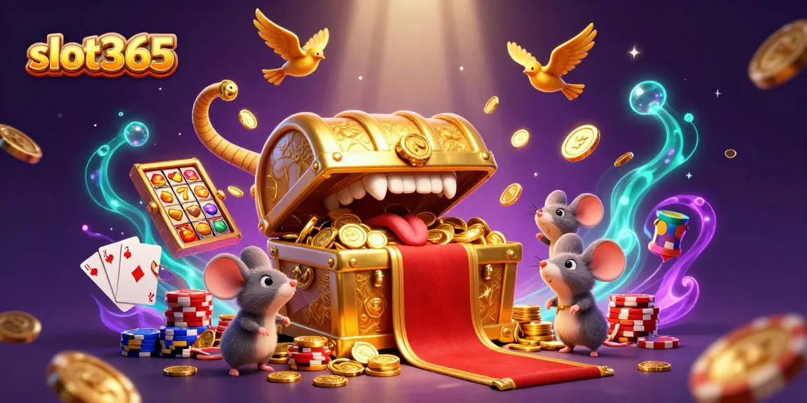 Spin the reels on slot365, featuring a treasure chest, golden coins, and vibrant slot machine elements.