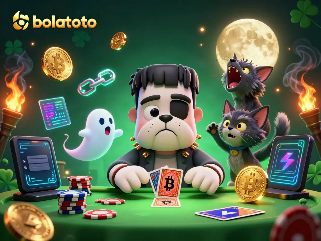 Experience thrilling fun at bolatoto with detailed 3D cartoon characters surrounded by glowing digital currency elements.