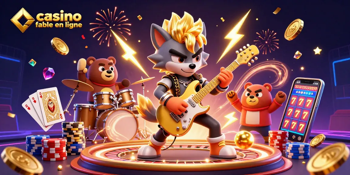 Illustration d'un casino fiable en ligne avec un loup rock star et un ours batteur sous des effets festifs.