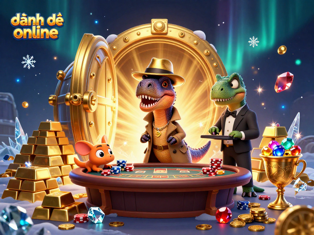Engage in đánh đề online with our 3D velociraptor at a blackjack table, surrounded by exciting casino treasures.
