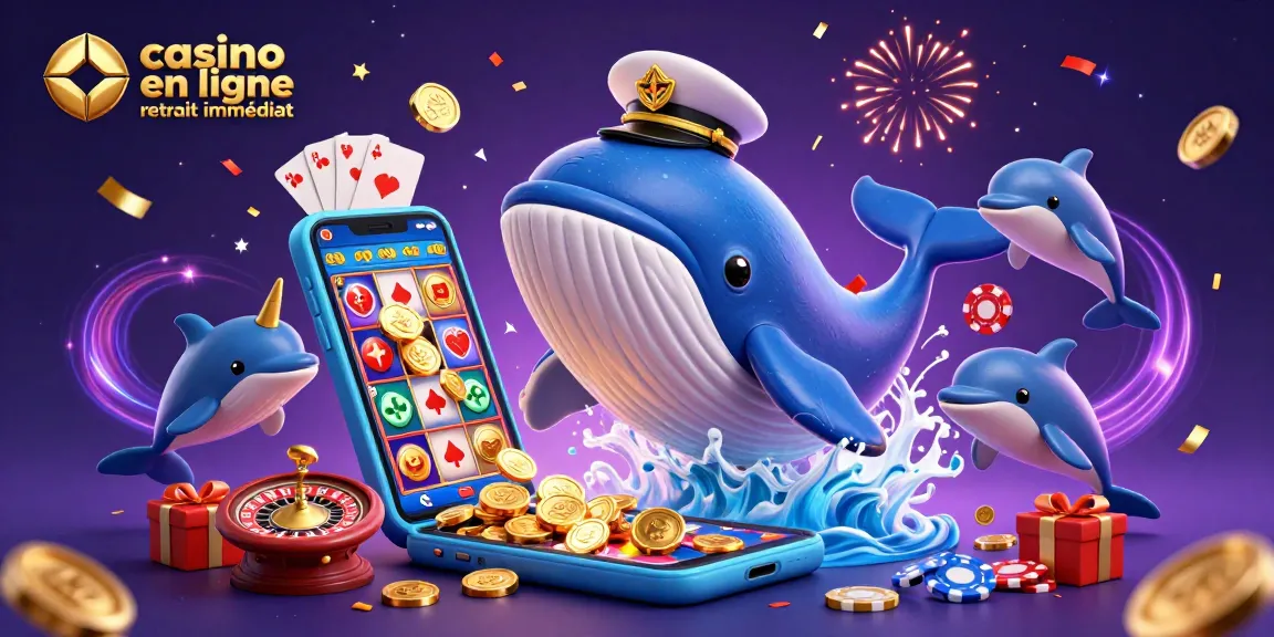 Jouez au casino en ligne retrait immédiat avec une illustration ludique de personnages marins et des éléments de jeu.
