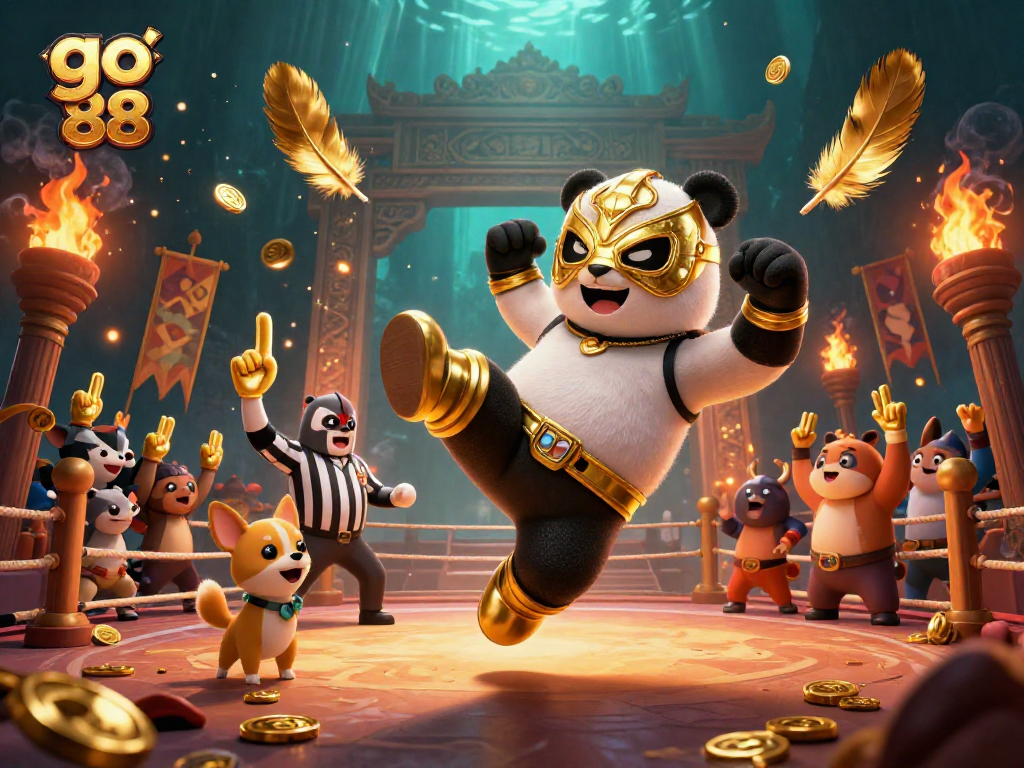 Experience the excitement of go 88 with a dynamic illustration of casino action featuring a panda wrestler and chihuahua referee.