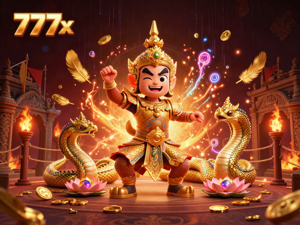 Experience excitement at 777x with colorful 3D guardian and vibrant casino elements.