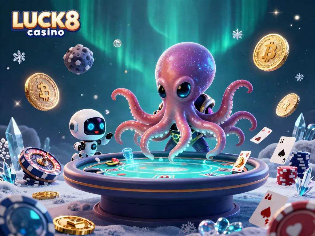 Engage with LUCK8 casino's vibrant scene featuring an alien octopus at a holographic poker table surrounded by cosmic coins.