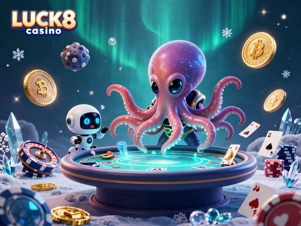 Engage with LUCK8 casino's vibrant scene featuring an alien octopus at a holographic poker table surrounded by cosmic coins.