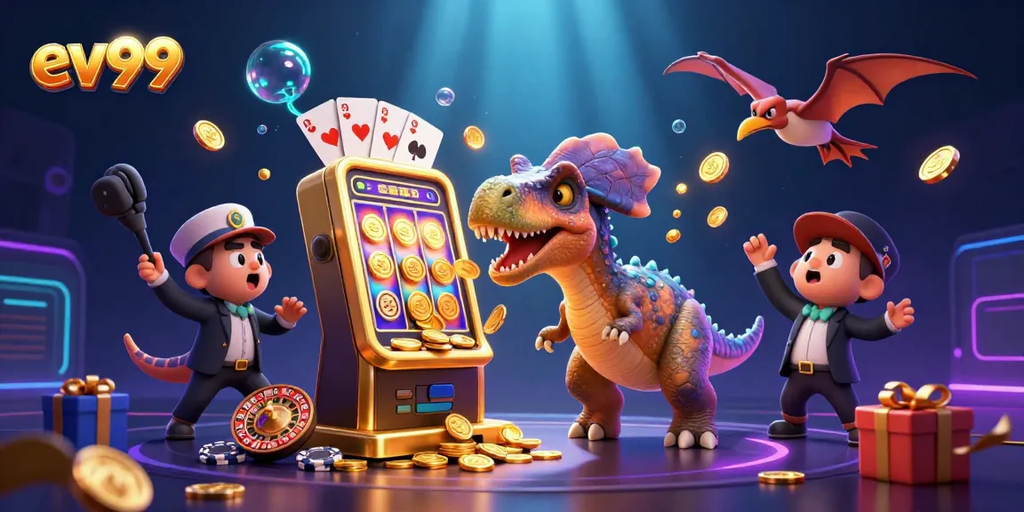 ev99 casino scene with a pachycephalosaurus hitting a slot machine for a jackpot.