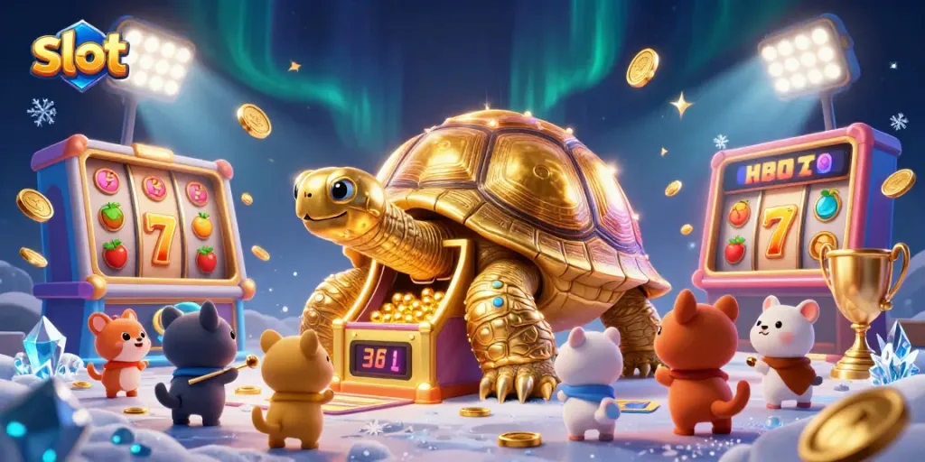 Spin the slot as a golden tortoise leads small animals in a lively casino scene.