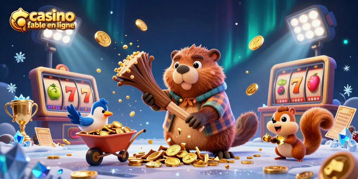 Un casino fiable en ligne animé où un castor coupe un arbre qui fait pleuvoir des pièces d'or.