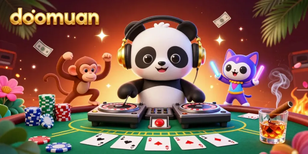 Dive into the action of doomuan as a DJ panda spins roulette wheels with vibrant poker chips and lively characters.