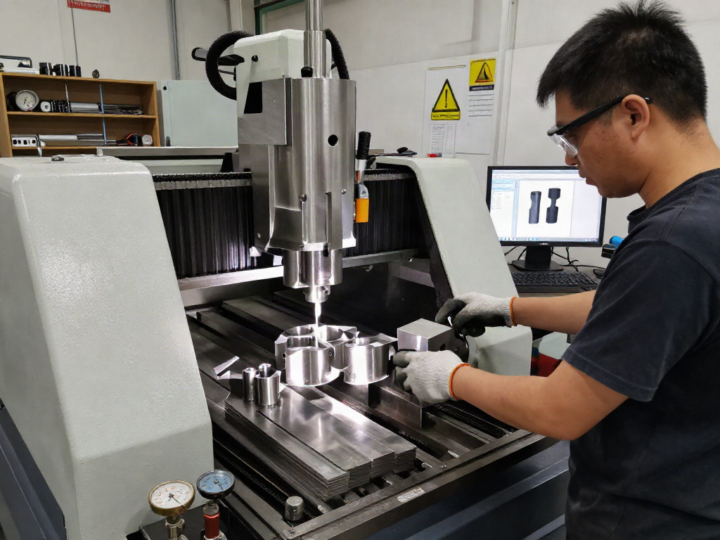 Skilled machinist operating CNC for precision machined stainless steel parts in a well-lit industrial workshop.