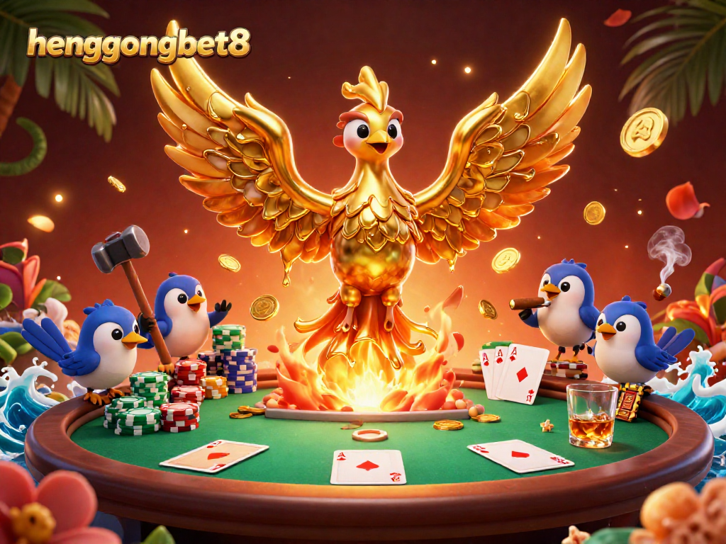 Experience exciting poker action with hengongbet8 as phoenixes and coins soar in a lavish casino.