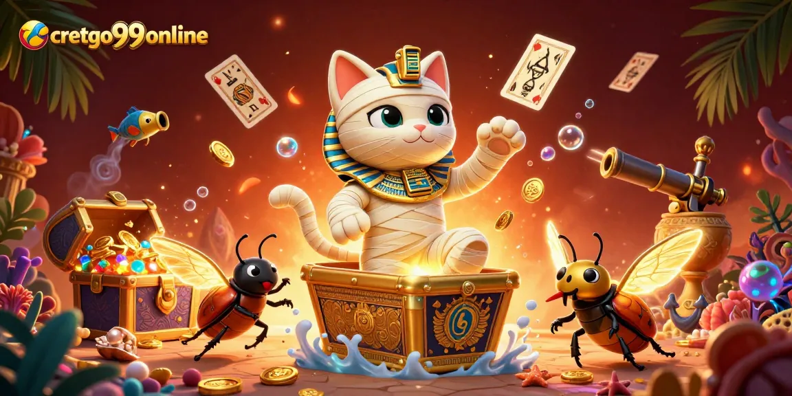 Cretgo99online showcases an Egyptian mummy cat and scarab in a bustling pyramid casino!