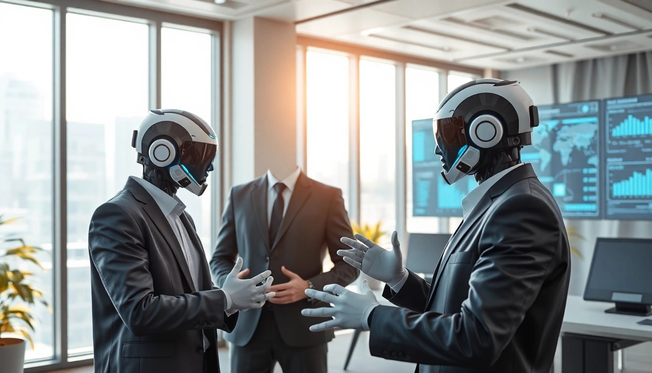 AI agents performing tasks in a modern office environment with digital displays.