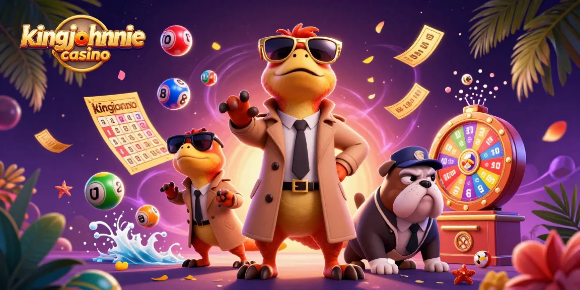Enjoy thrilling moments at kingjohnnie casino with raptors in trench coats and game elements.