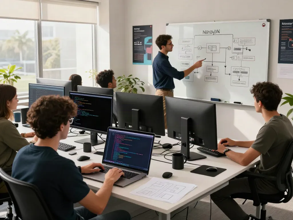 Collaborative software development team working on v2rayN官网 project in modern office setting